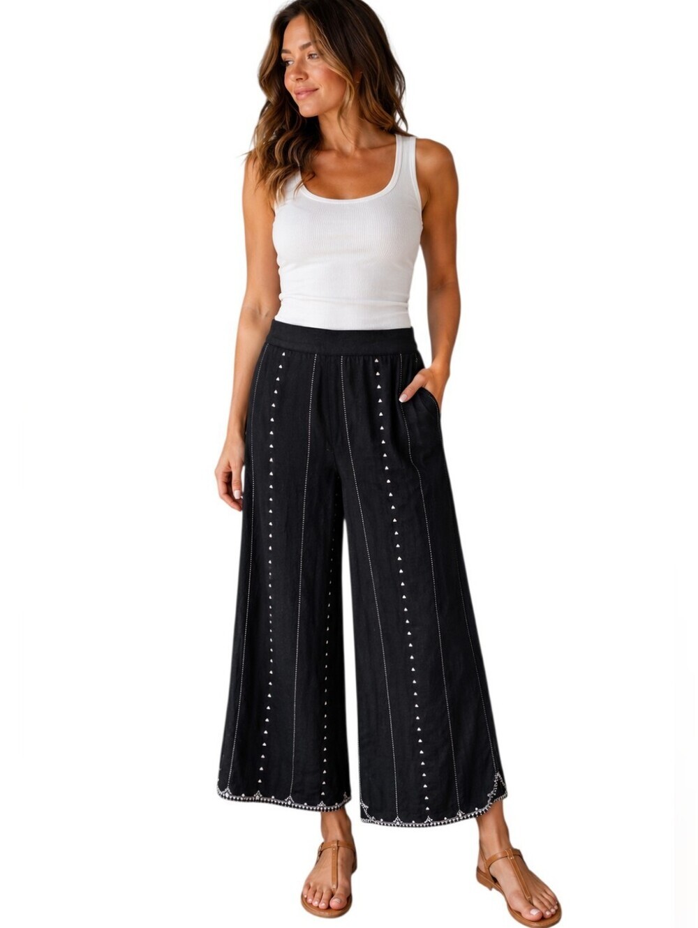 NWT W for Woman Black Embroidered Linen Cotton Palazzo Pants Wide Leg Boho.SZ 6